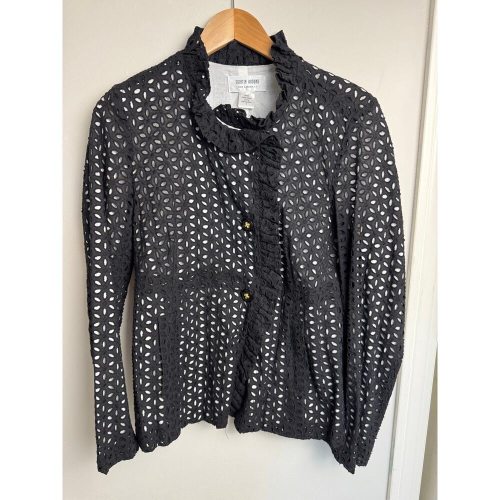 Skirtin Around 8 Black and White Floral Eyelet Ruffle Edged Jacket w Buttons